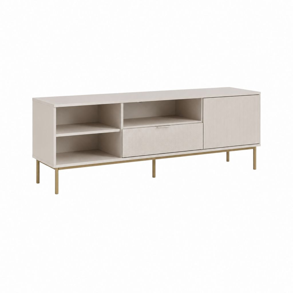 TV-Lowboard Beige aus melaminbeschichteter Spanplatte mit Riffeloptik und Metallfüßen 160 x 40 x 60 cm