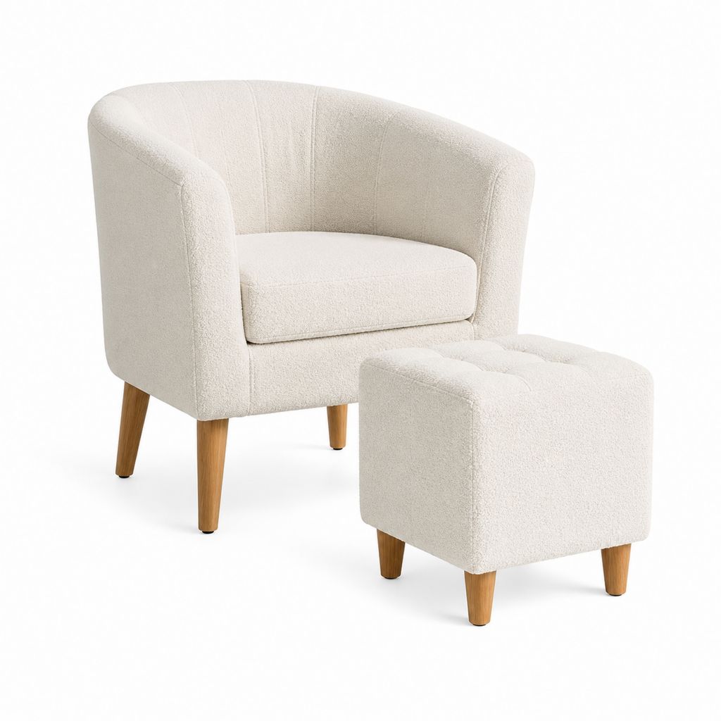 Sessel mit Hocker Set cremeweiß aus Polyester-Bouclé mit Massivholzbeinen 75 x 70 x 76 cm und 42 x 45 x 45 cm