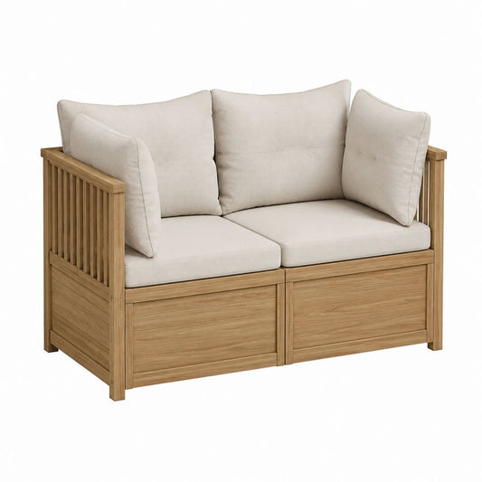 Garten Ecksofa 2-Sitzer Natur Teakholz Beige Polyester 140 x 80 x 75 cm