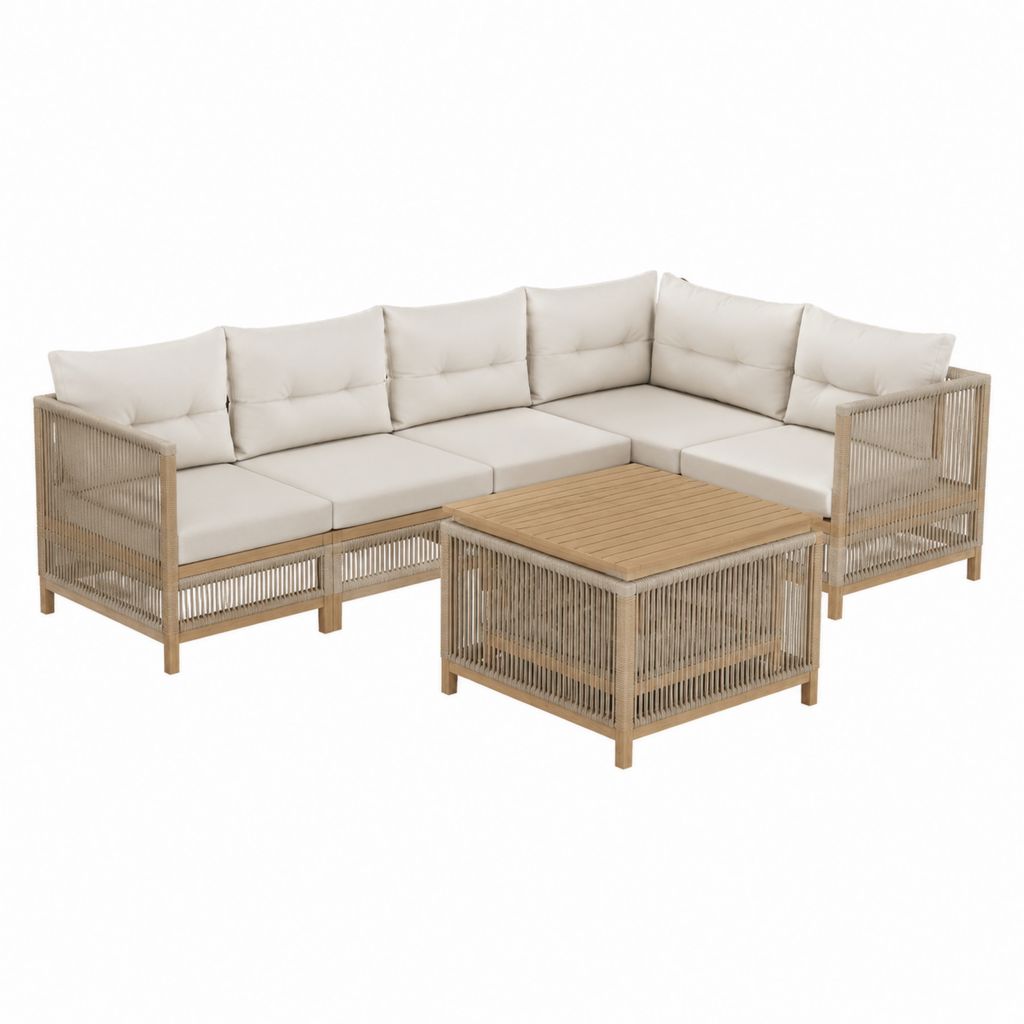 5-Sitzer Gartensofa Set Beige aus Akazien-Massivholz und Polypropylen-Seil mit Couchtisch 260 x 200 x 75 cm