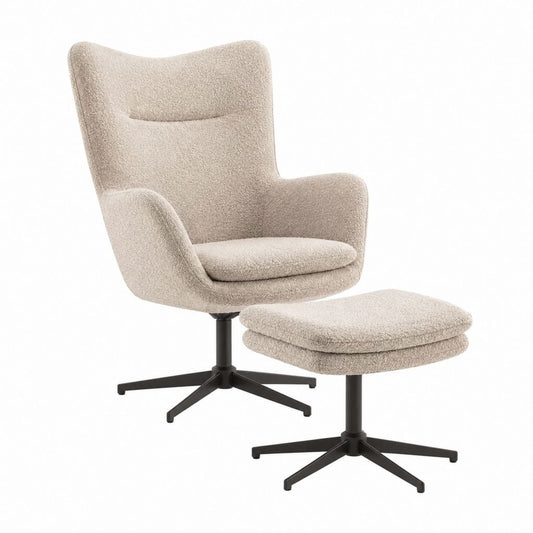Drehsessel mit Hocker Beige Bouclé-Polyester Stahlgestell 105 x 75 x 80 cm