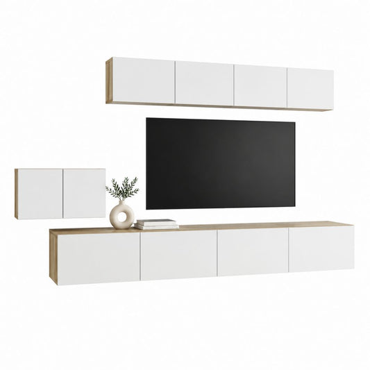 TV-Wandmöbel Set mit Lowboard und Hängeschränken Weiß Eicheoptik Spanplatte rechteckig Lowboard 200 x 40 x 40 cm