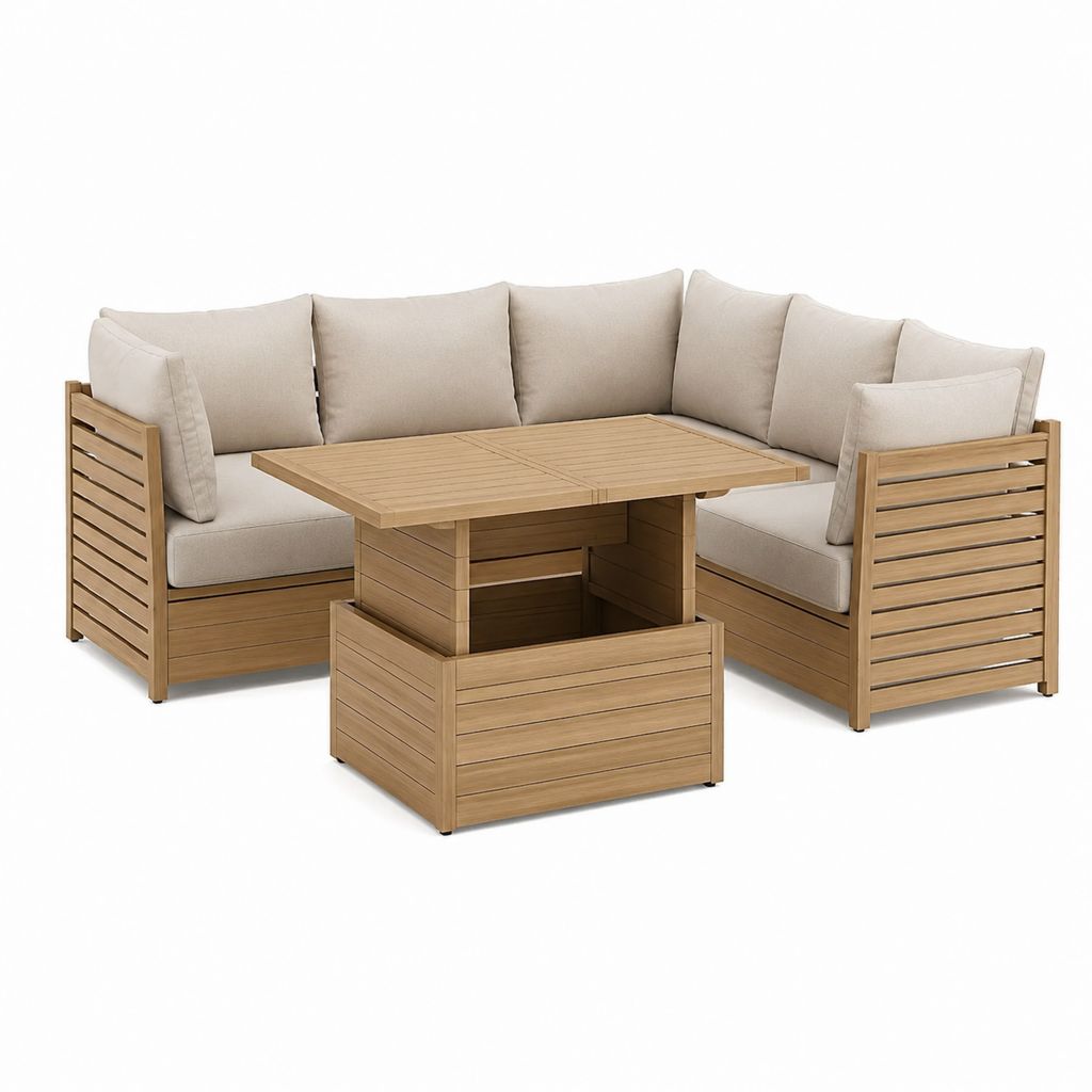Gartenlounge-Set Ecksofa aus Akazienholz Natur mit beigen Polyesterkissen und höhenverstellbarem Tisch 200 x 200 cm