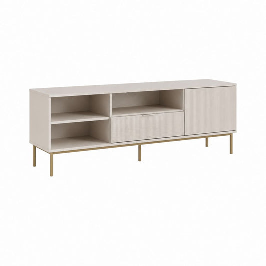 TV-Lowboard Beige aus melaminbeschichteter Spanplatte mit Riffeloptik und Metallfüßen 160 x 40 x 60 cm