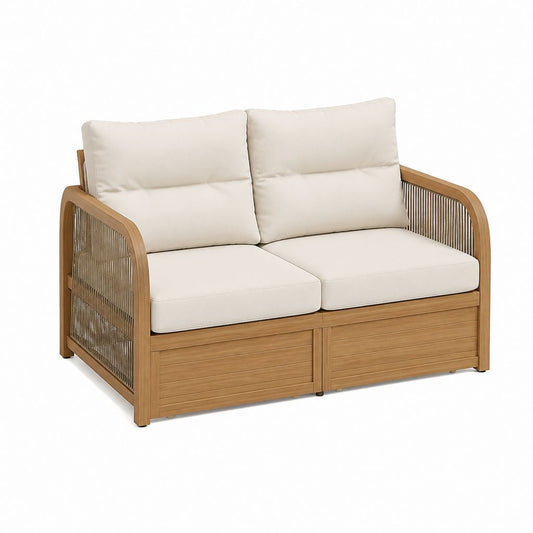 2-Sitzer Gartensofa Beige aus Akazien-Massivholz mit Polyesterkissen 140 x 75 x 75 cm