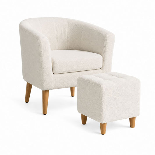 Sessel mit Hocker Set cremeweiß aus Polyester-Bouclé mit Massivholzbeinen 75 x 70 x 76 cm und 42 x 45 x 45 cm