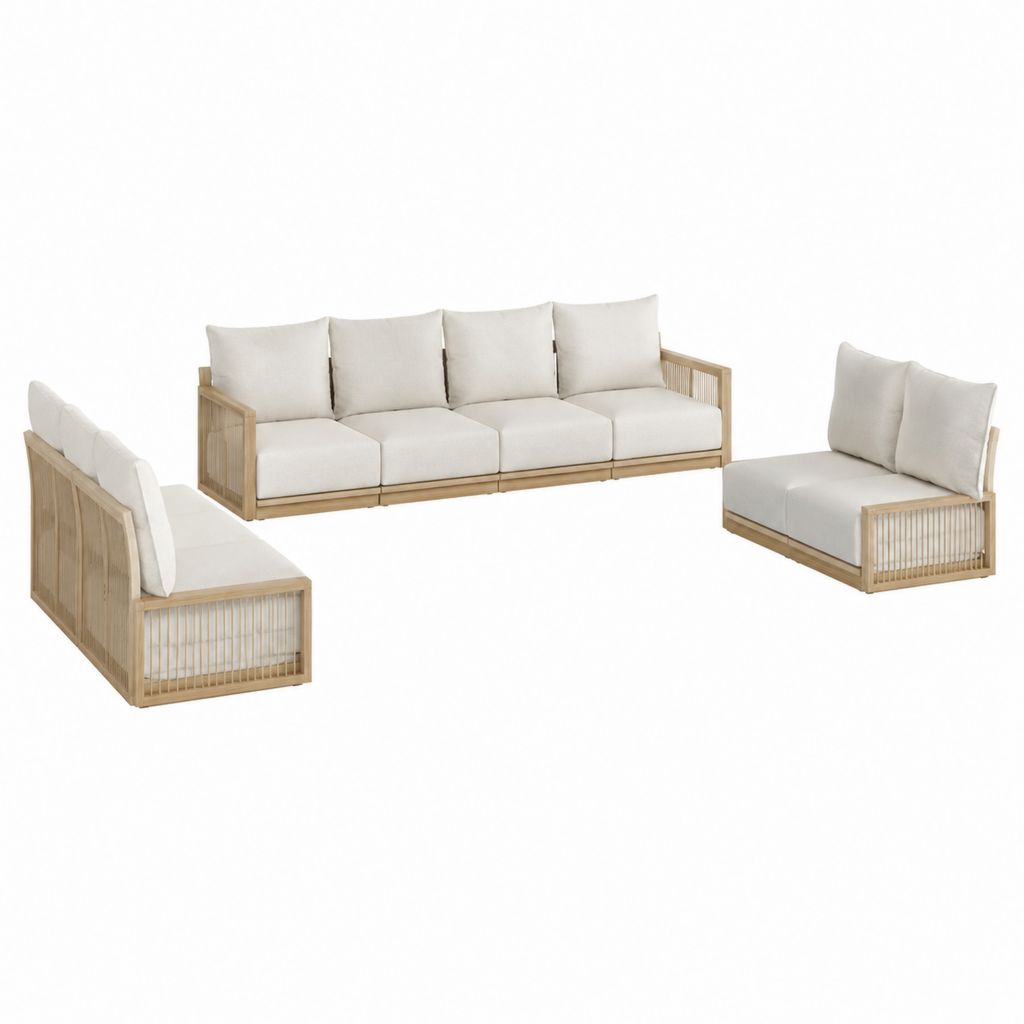 Gartenlounge Set aus Bambus Natur mit cremefarbenen Polyesterkissen 3-teilig 3-Sitzer 2-Sitzer Sessel